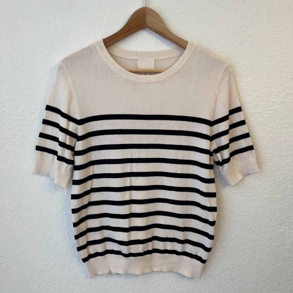 H&M Striped Short Sleeve Sweater S Old Money Preppy Nautical Cream Black